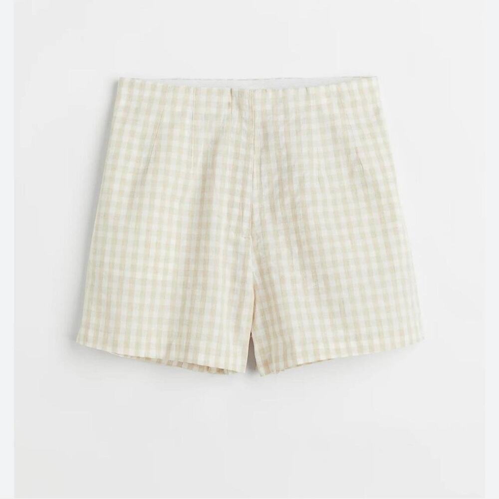 H&M Beige Tan & White Gingham Plaid Shorts Size 16 Cotton Linen Blend